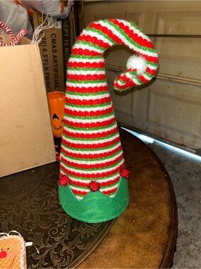 Source Unknown Red Green White Striped Elf Hat Tree Topper